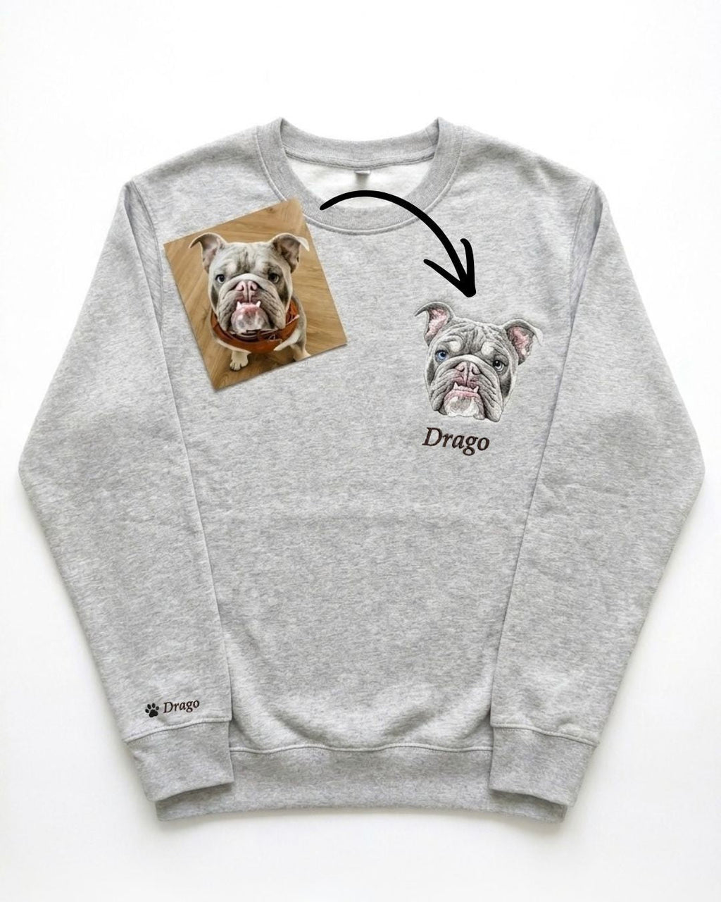 Crewneck sweatshirt with a realistic embroidered dog portrait