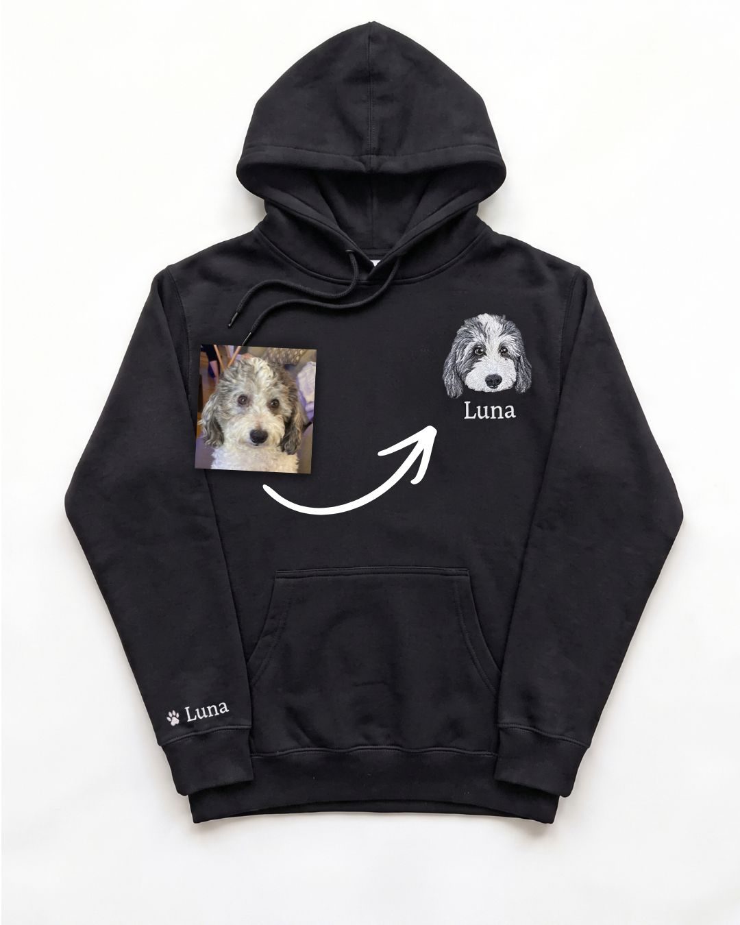 Hoodie with a realistic embroidered pet portrait and name