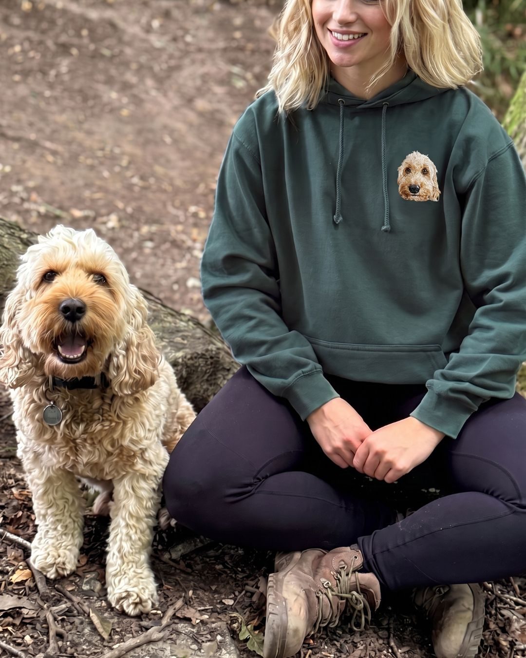 Model wearing the embroidered pet portrait hoodie