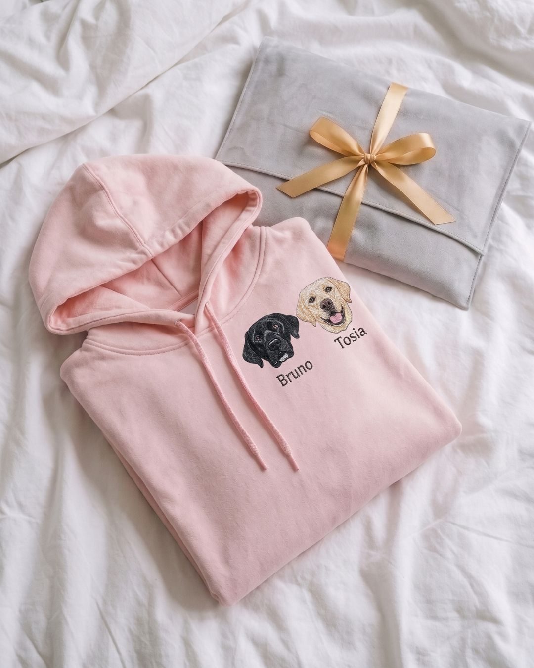 Hoodie shown next to the pet it was made from