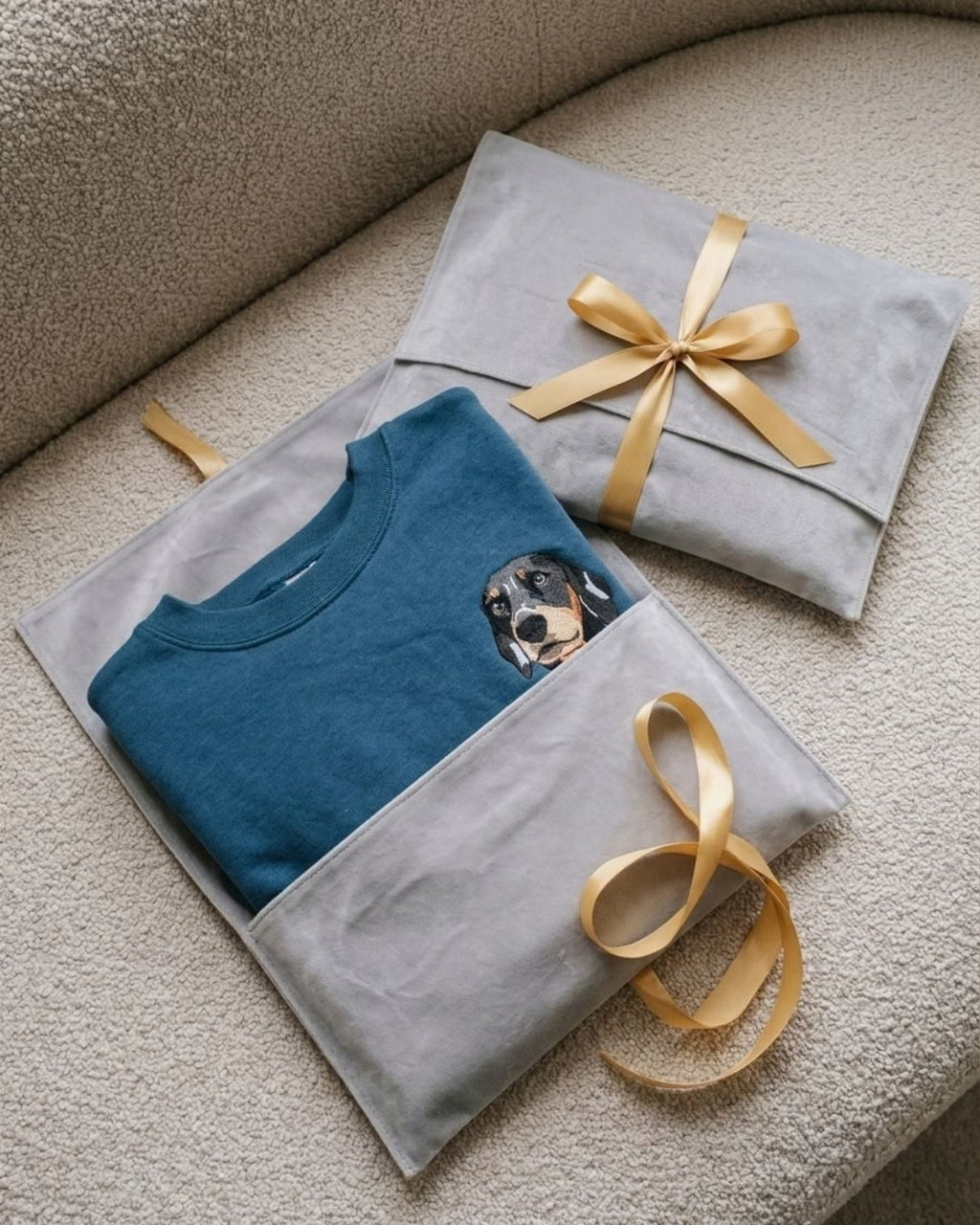 Embroidered pet portrait hoodie flat lay