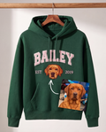 Green University hoodie with an embroidered dog portrait and the name Bailey, made from your photo