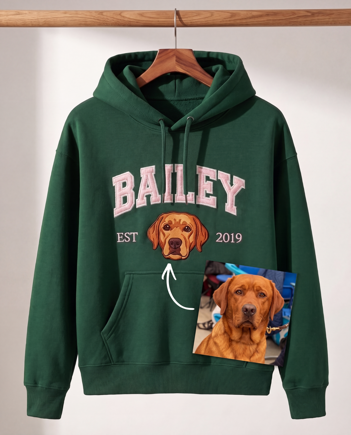 Green University hoodie with an embroidered dog portrait and the name Bailey, made from your photo