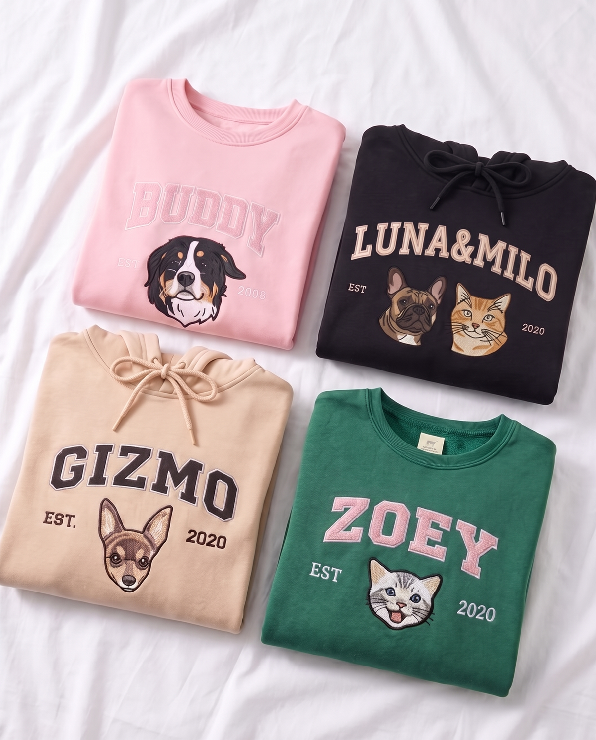 University sweatshirts in four colors with embroidered pets