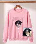 Pink University sweatshirt with an embroidered bernese mountain dog portrait and the name Buddy