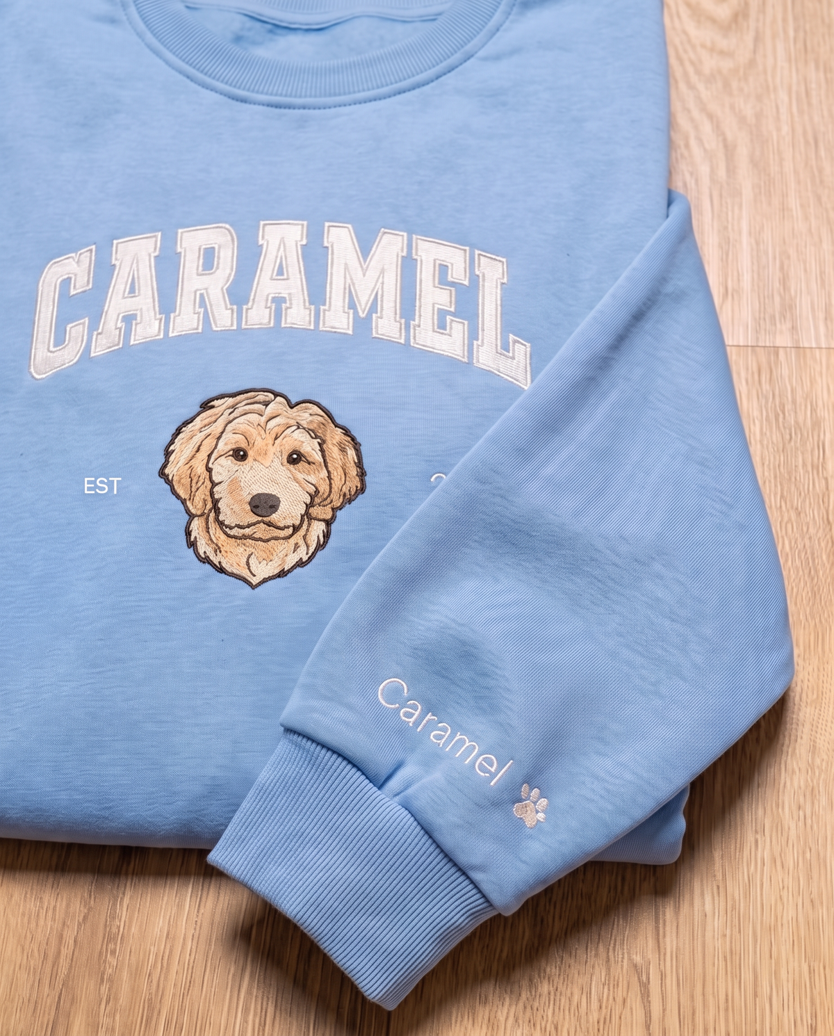 Light blue University sweatshirt with an embroidered goldendoodle and matching sleeve script