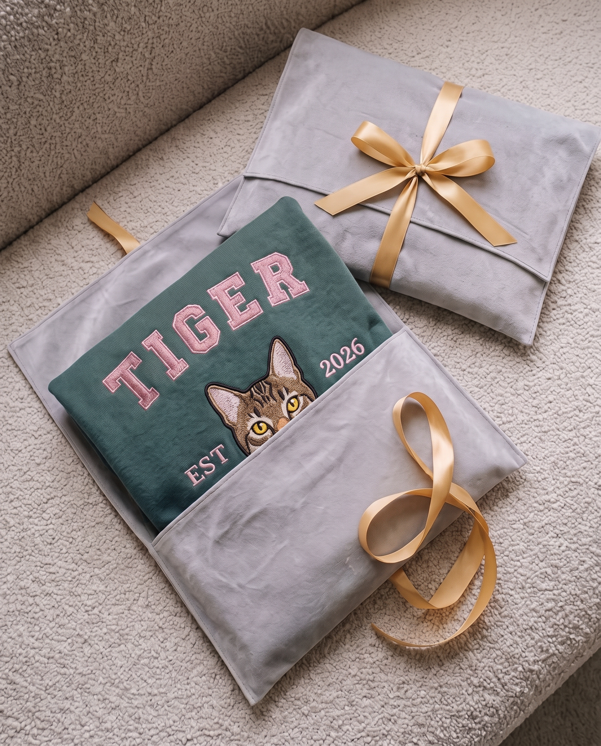 University sweatshirt folded in gift wrapping with a gold ribbon