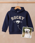 Navy kids University hoodie with an embroidered labrador portrait and the name Rocky