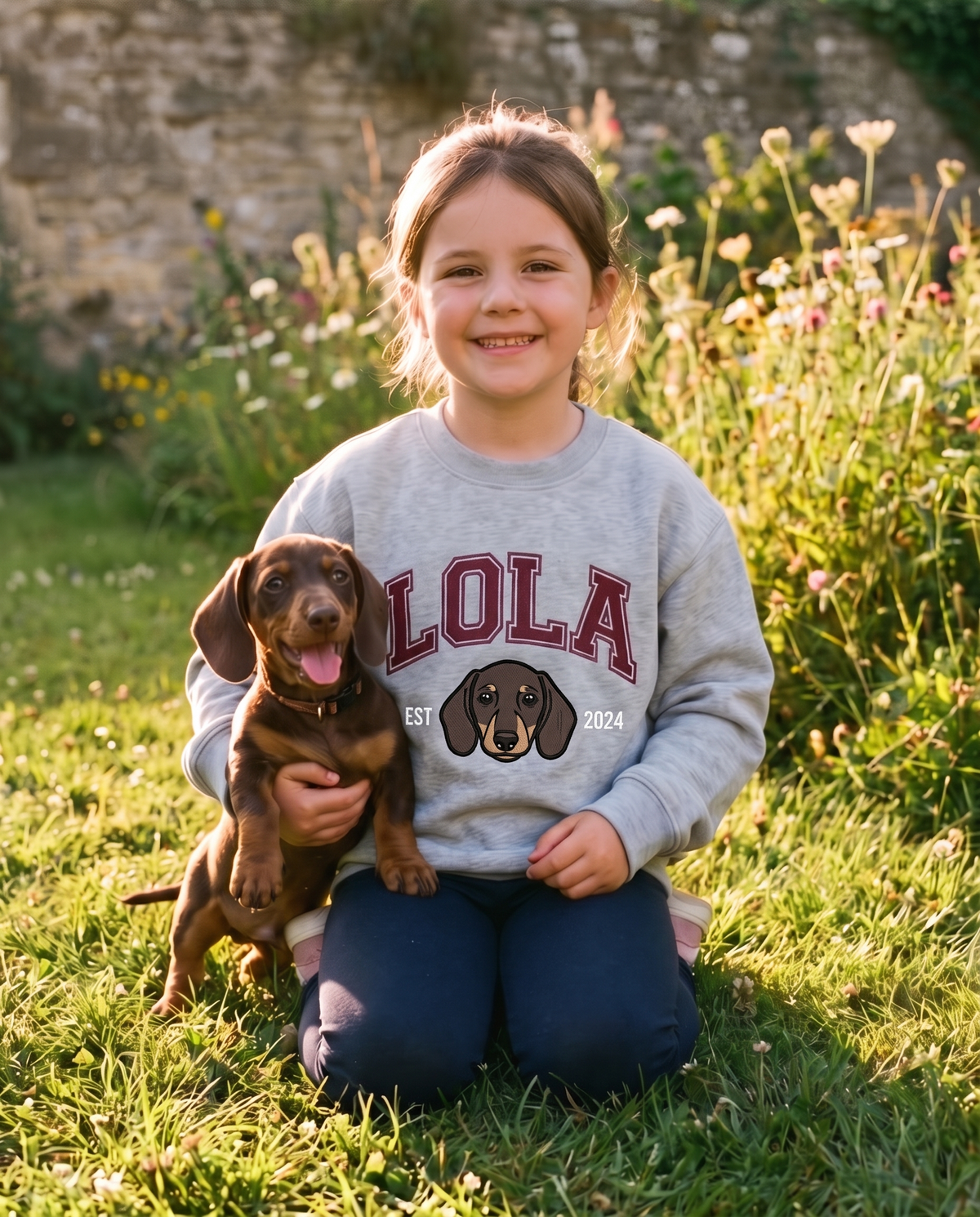 Girl in a grey kids University sweatshirt holding the dachshund embroidered on it