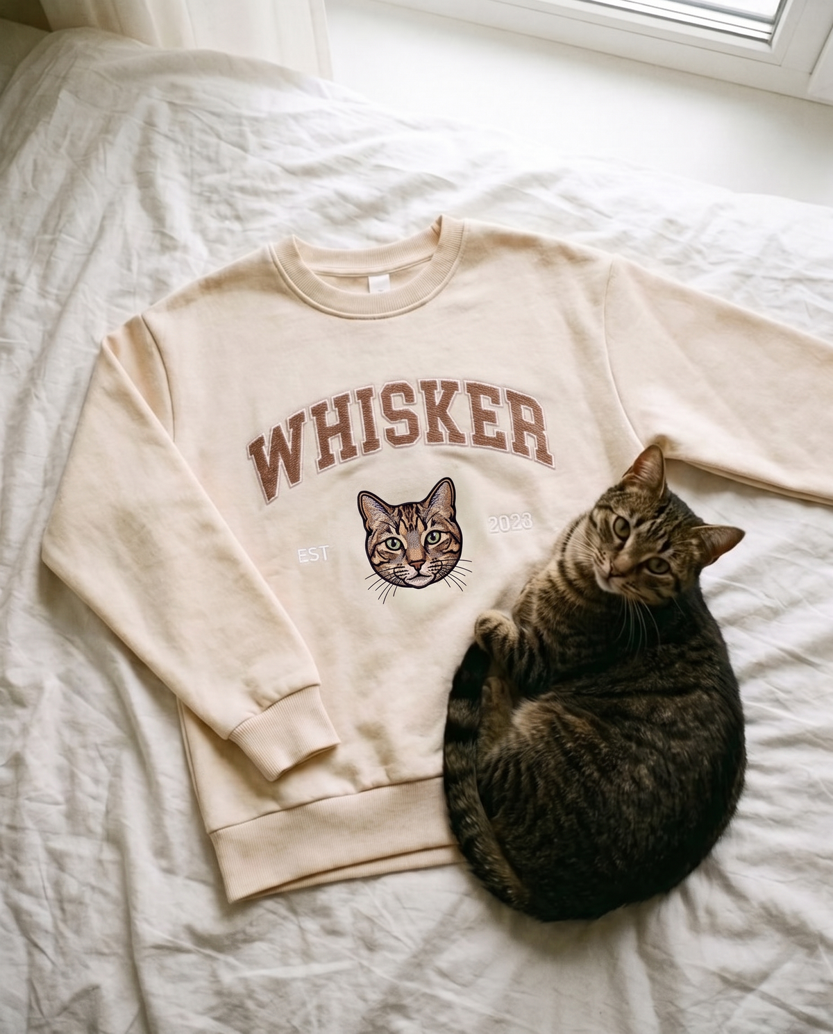 Cream kids sweatshirt with an embroidered tabby cat, next to the cat