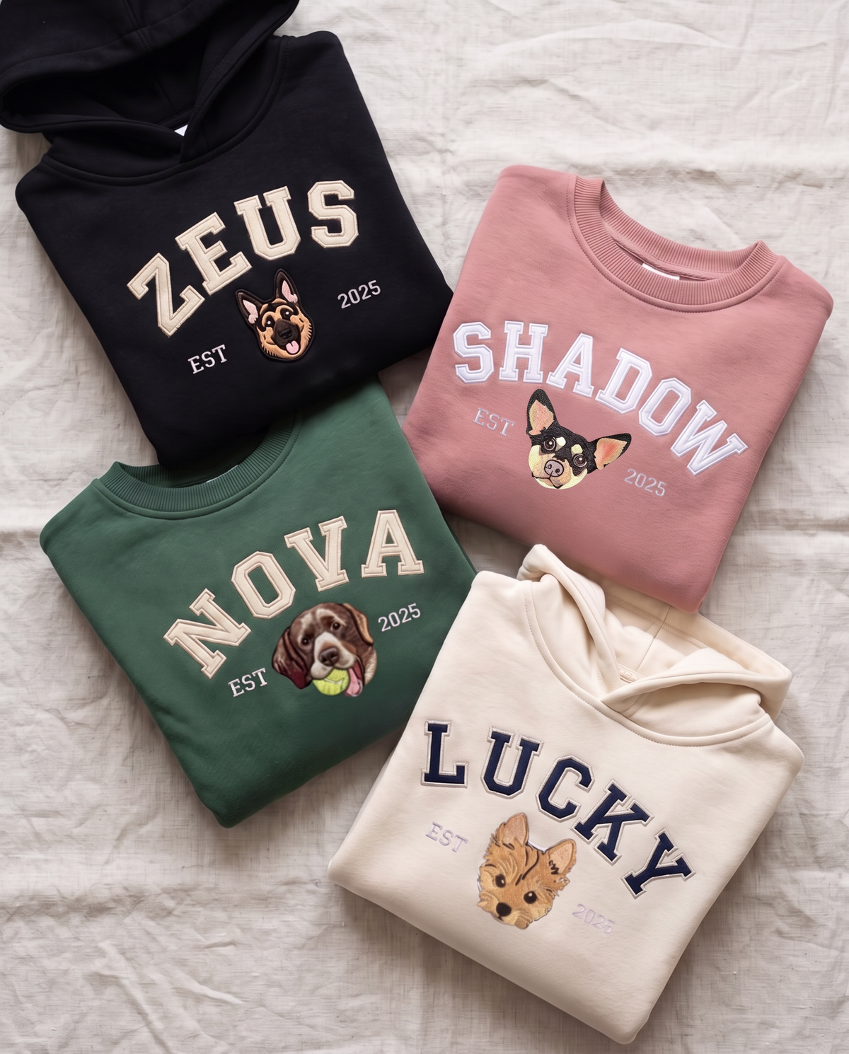 Kids University sweatshirts in four colors with embroidered pets