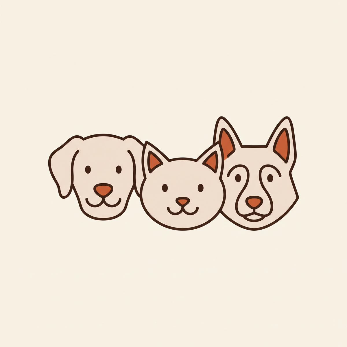 Illustrated dog, cat and dog faces in a row