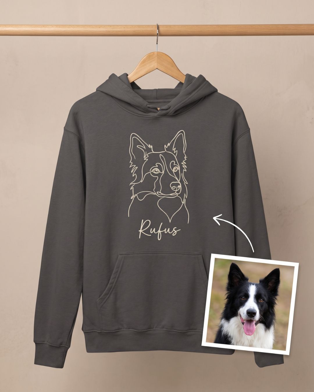 Hoodie with a minimalist single-line embroidered pet portrait