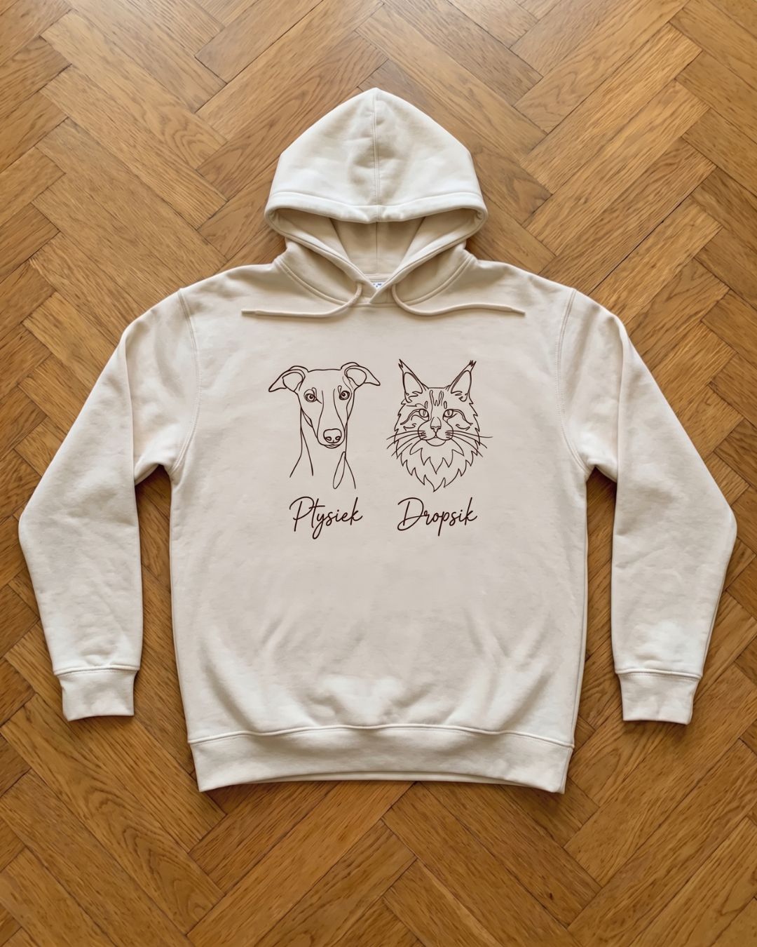 One-line hoodie shown with the pet it was made from