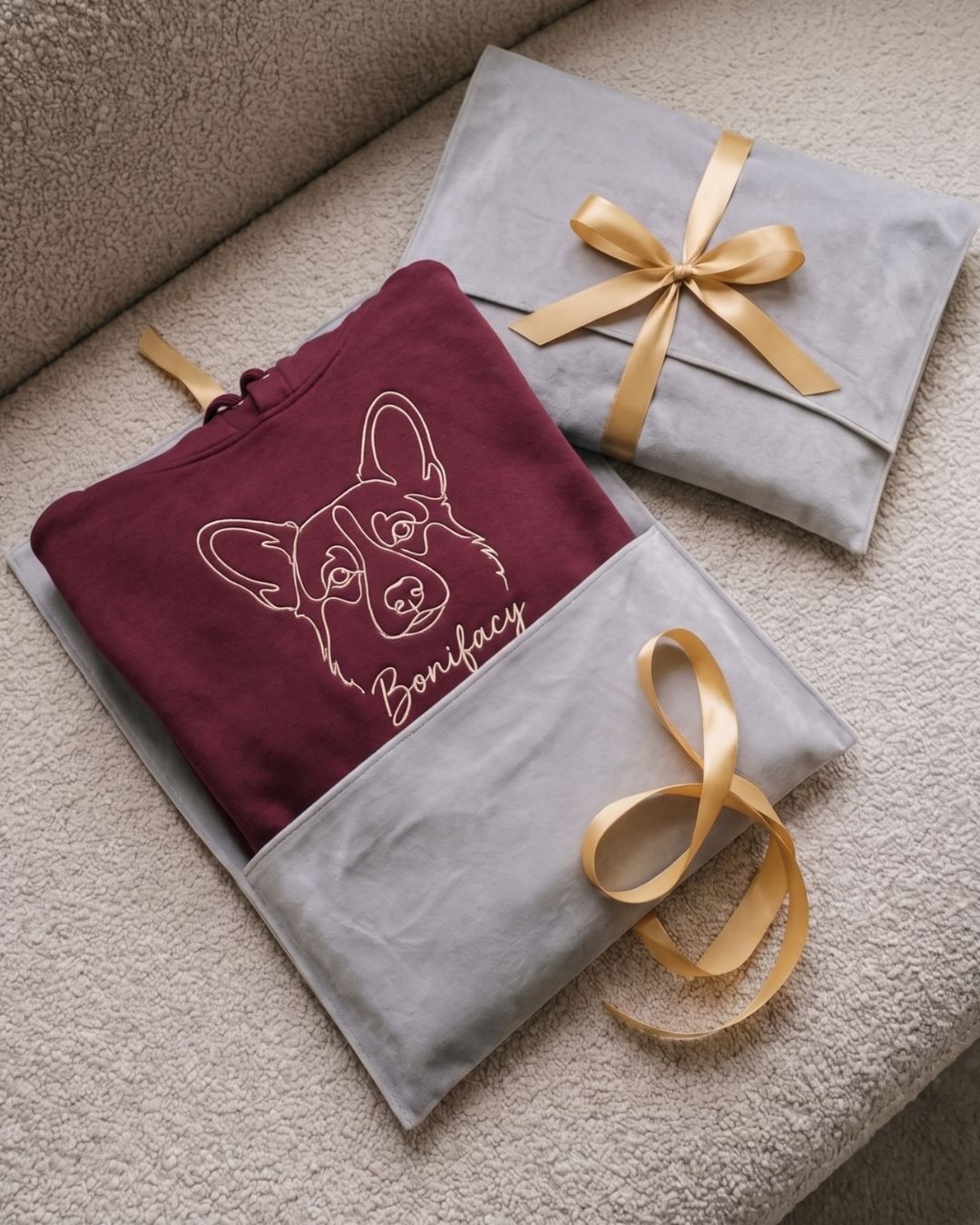 One-line pet portrait hoodie flat lay