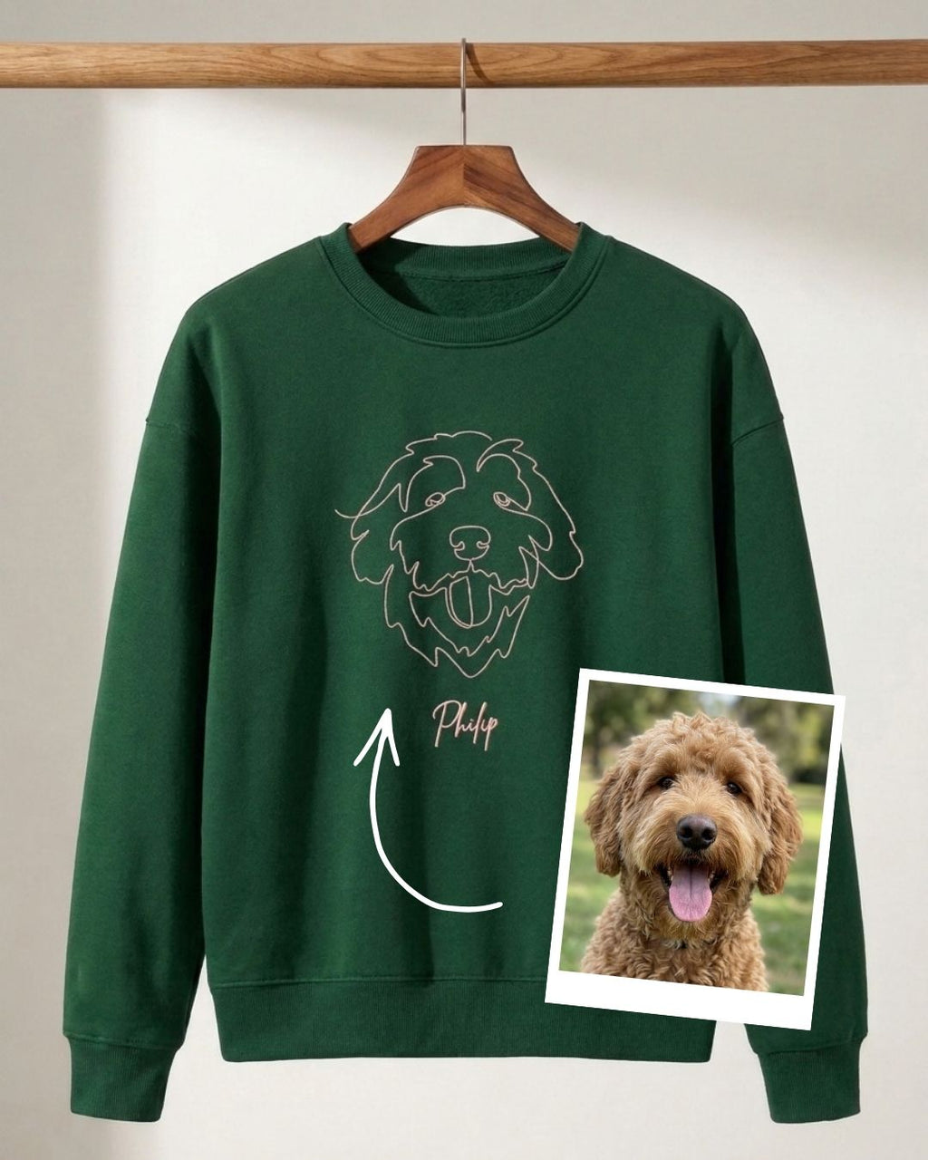 Crewneck sweatshirt with a minimalist single-line embroidered pet portrait