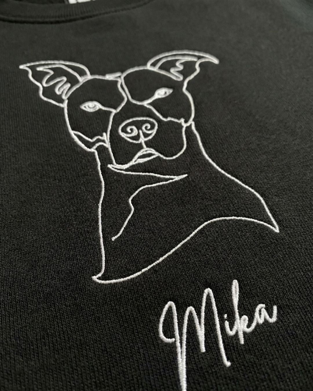 Model wearing the one-line pet portrait sweatshirt