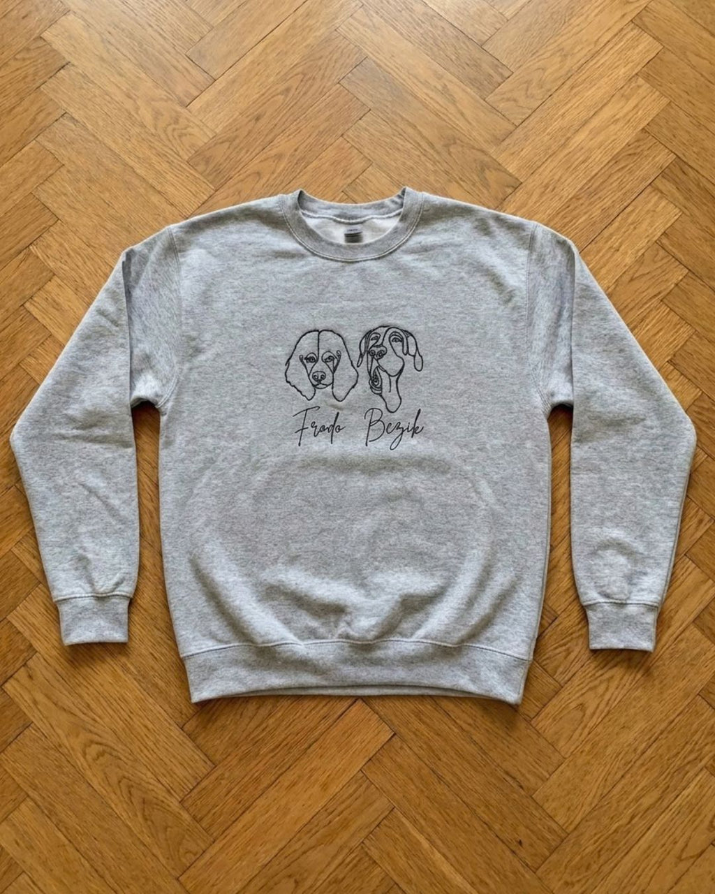 One-line sweatshirt shown with the pet it was made from