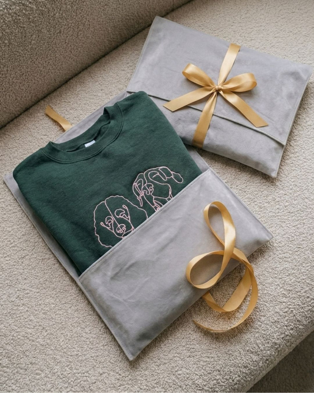 One-line pet portrait sweatshirt flat lay